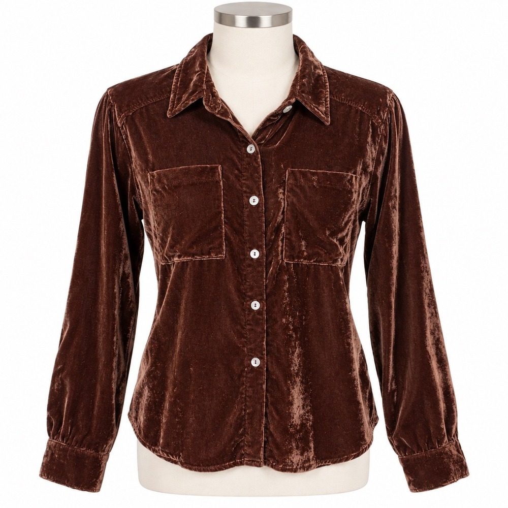 Evereve Brown Velvet Button Down Shirt Women's XL Top Blouse Fall Winter